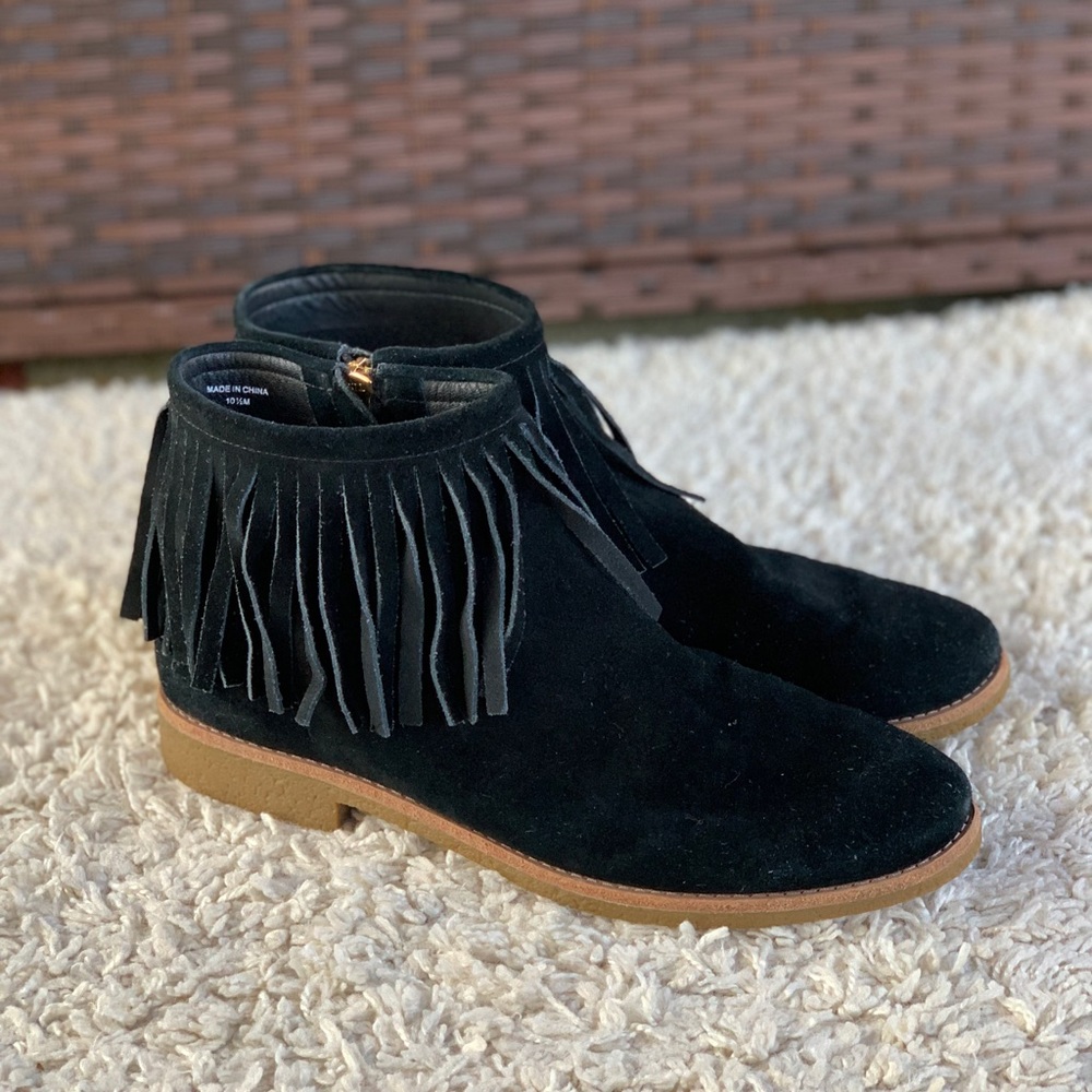 Kate Spade BETSIE Black Fringe Suede Ankle Boots Zipper Bootie Women’s Size 10.5